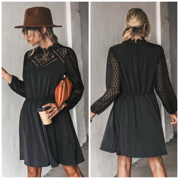 XS Cupshe Lace-Trim Long Sleeve Elastic Waist Black Mini Dress - Zaina - NWT - Picture 8 of 8
